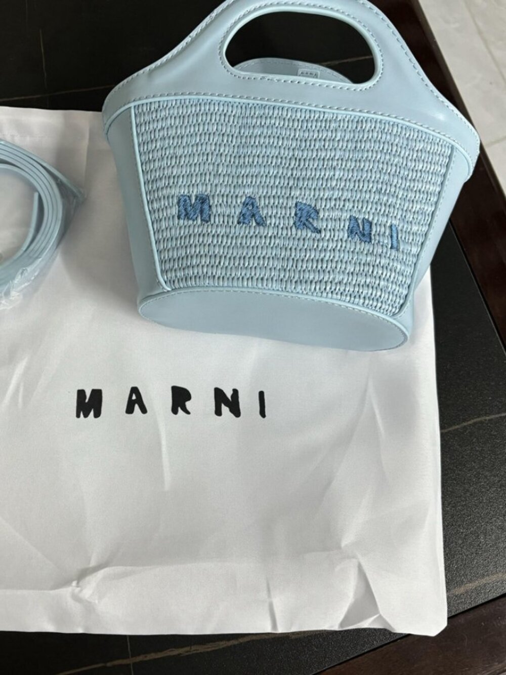 Marni Light Blue Woven Leather Top-Handle Shoulder Bag